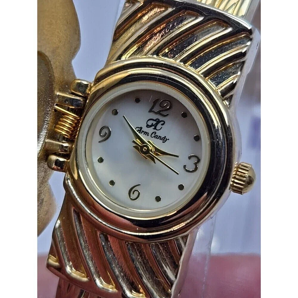 Arm Candy Christmas Tree Ladies Cuff Watch Quartz Gold Tone New Battery Xmas Fun
